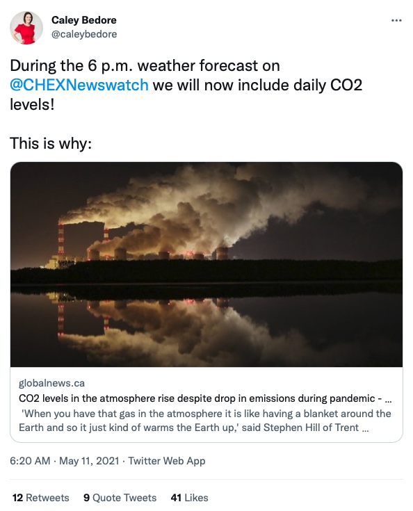 Screenshot of twitter announcement that CHEX Newswatch is now including CO2 levels